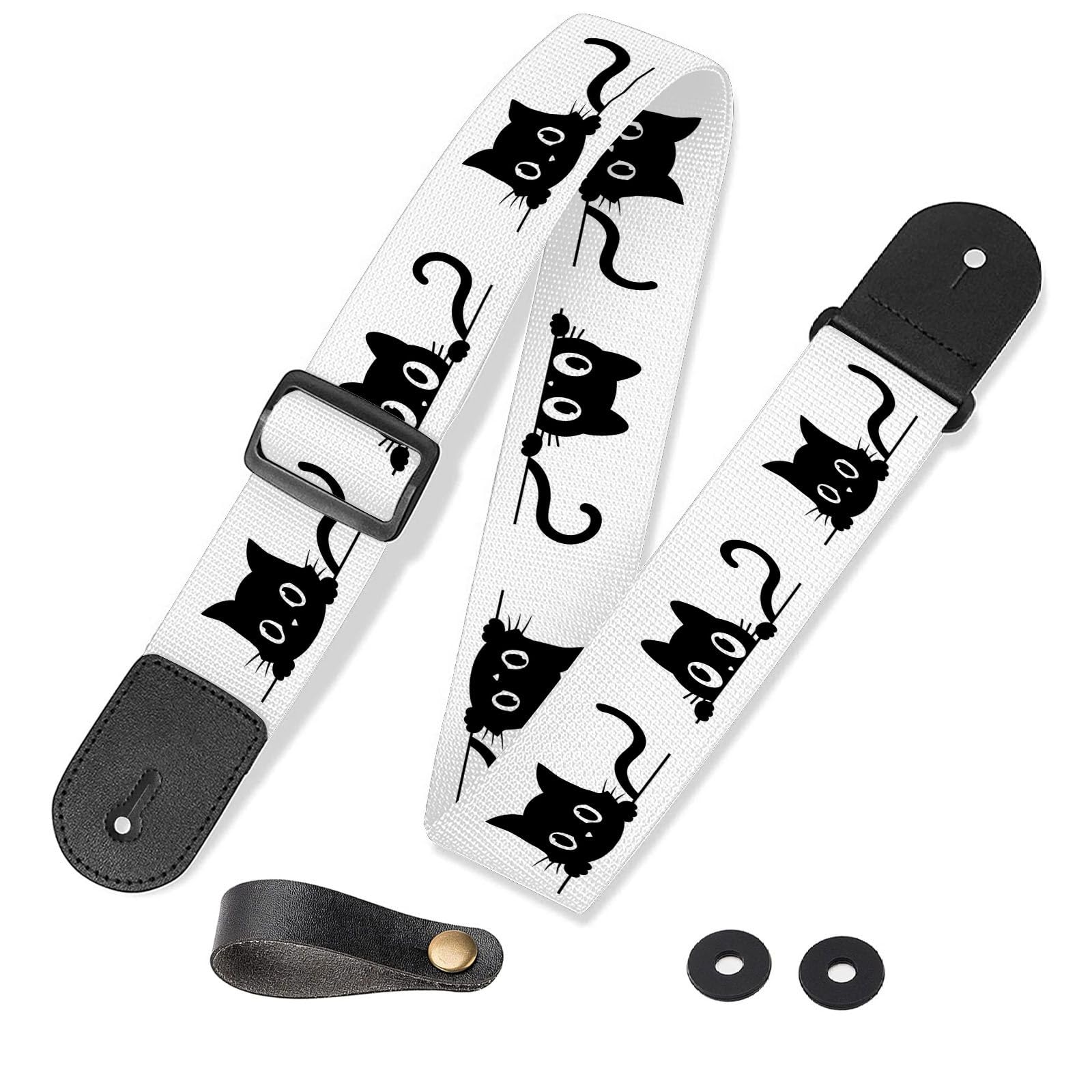 HSIAHOU Guitar Strap Electric Guitar Straps Personalized Rainbow Strap with Funny Cat Design, Polyester Cotton Material, Adjustable 90cm-155cm, One Size