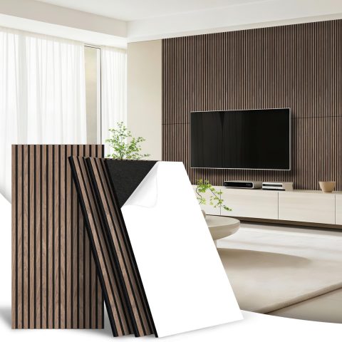 AKK-Star Wood Slat Acoustic Panels, 3D Textured Noise Reduction Wall Panels – Self-Adhesive Soundproof for Living Room, Studio, Office, 4# Walnut(4 Packs, 47.2″x23.6″, 31 Sq. Ft.)