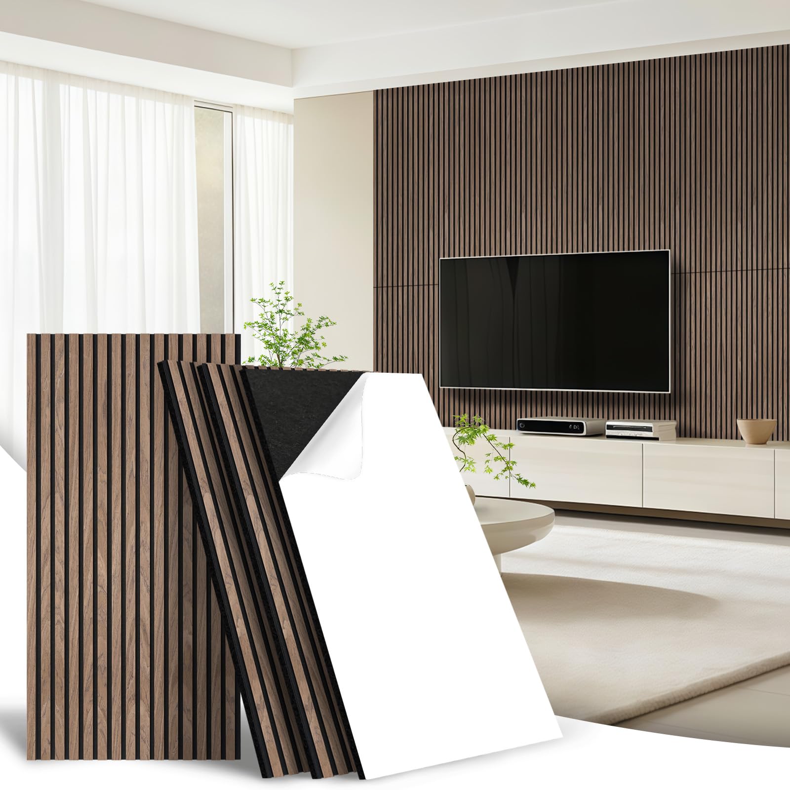 AKK-Star Wood Slat Acoustic Panels, 3D Textured Noise Reduction Wall Panels – Self-Adhesive Soundproof for Living Room, Studio, Office, 4# Walnut(4 Packs, 47.2″x23.6″, 31 Sq. Ft.)