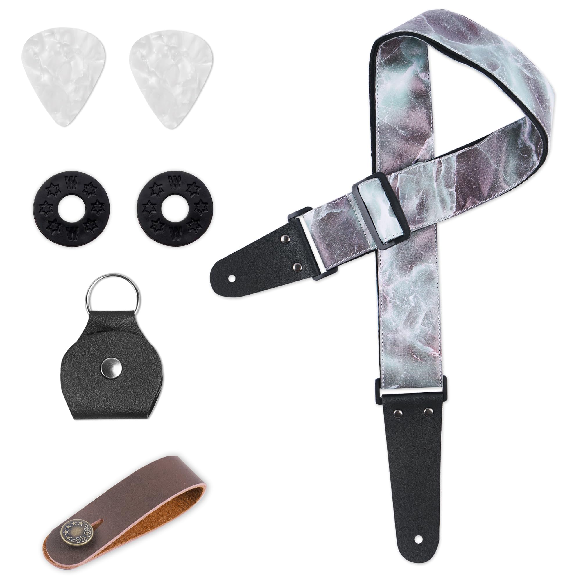 LIZIMANDU Adjustable Guitar Strap Includes 2 Strap Locks & 2 Matching Picks & 1 Picks Holder & 1 leather Strap Button(1-Printed Jade)