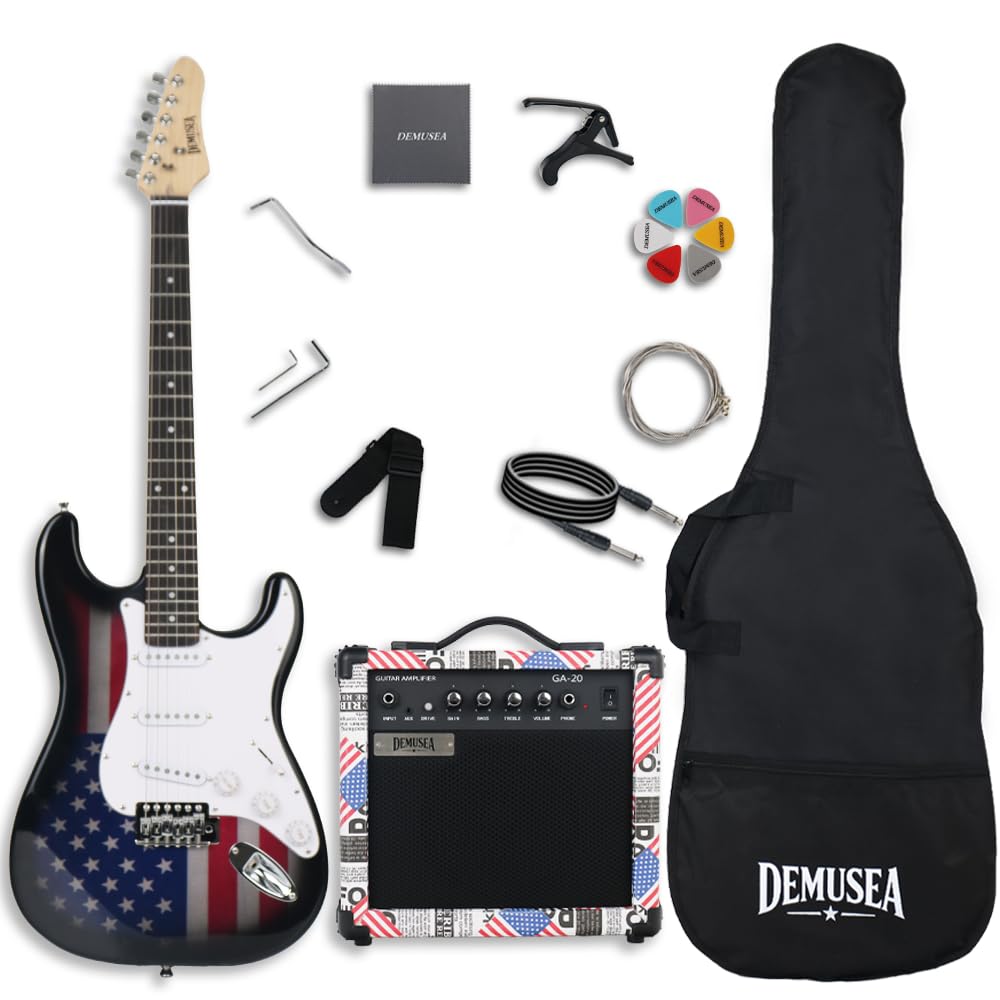 Demusea Flag Veneer Top Electric Guitar With 20W Amplifier Kit Solid Wood Build Capo Strap Bag String Picks Included Practice Bundel (ST, Flag)