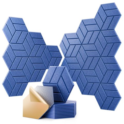OTUOER 12Pcs Acoustic Panels with Self-adhesive, 12″X 10″X 0.4″ Sound Proof Foam Panels for Walls, Hexagonal Soundproof Wall Panels High Density, Sound Panels for Home Studio Office (Blue)
