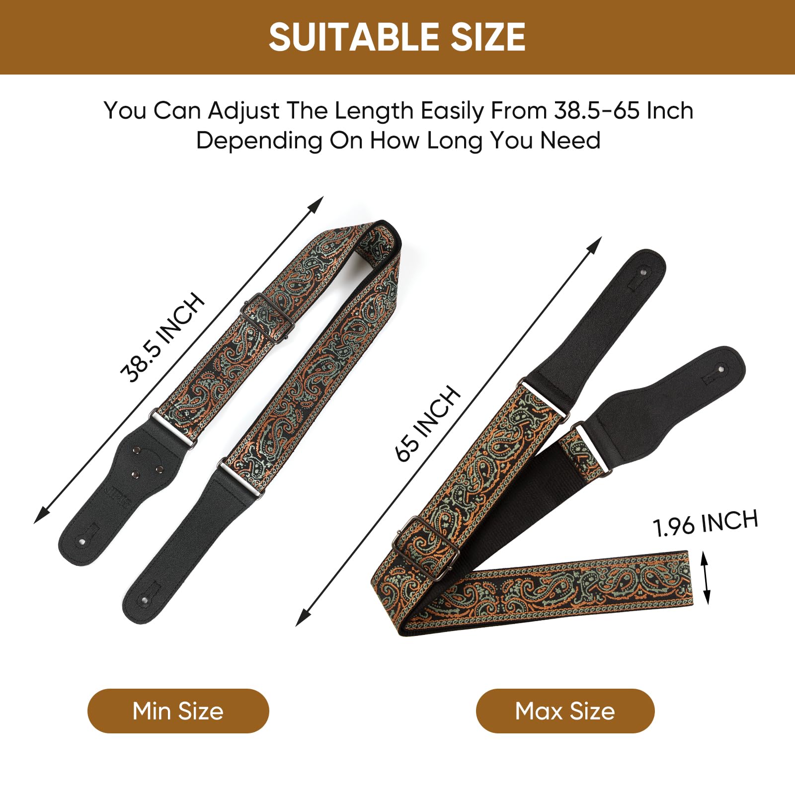 JIPIS Embroidered Cotton Guitar Strap – Adjustable Length with Anti Slip Buckles, 3 Guitar Picks (GS-08-3 Military Green Embroidery)
