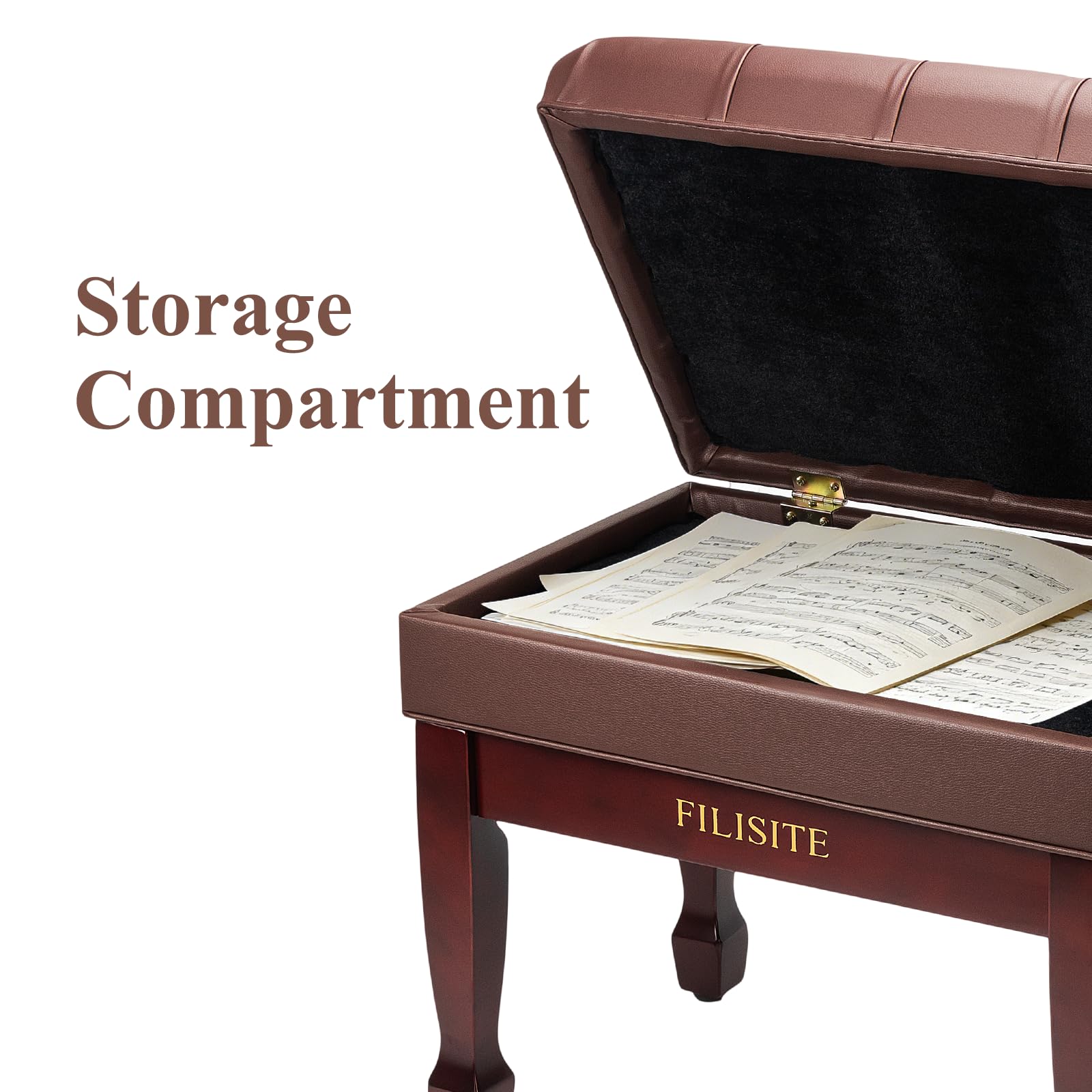 FILISITE Adjustable Height Piano Bench with Storage, Heavy Duty Solid Wood Piano Stool Keyboard Bench with PU Leather Padded Cushion(Brown)