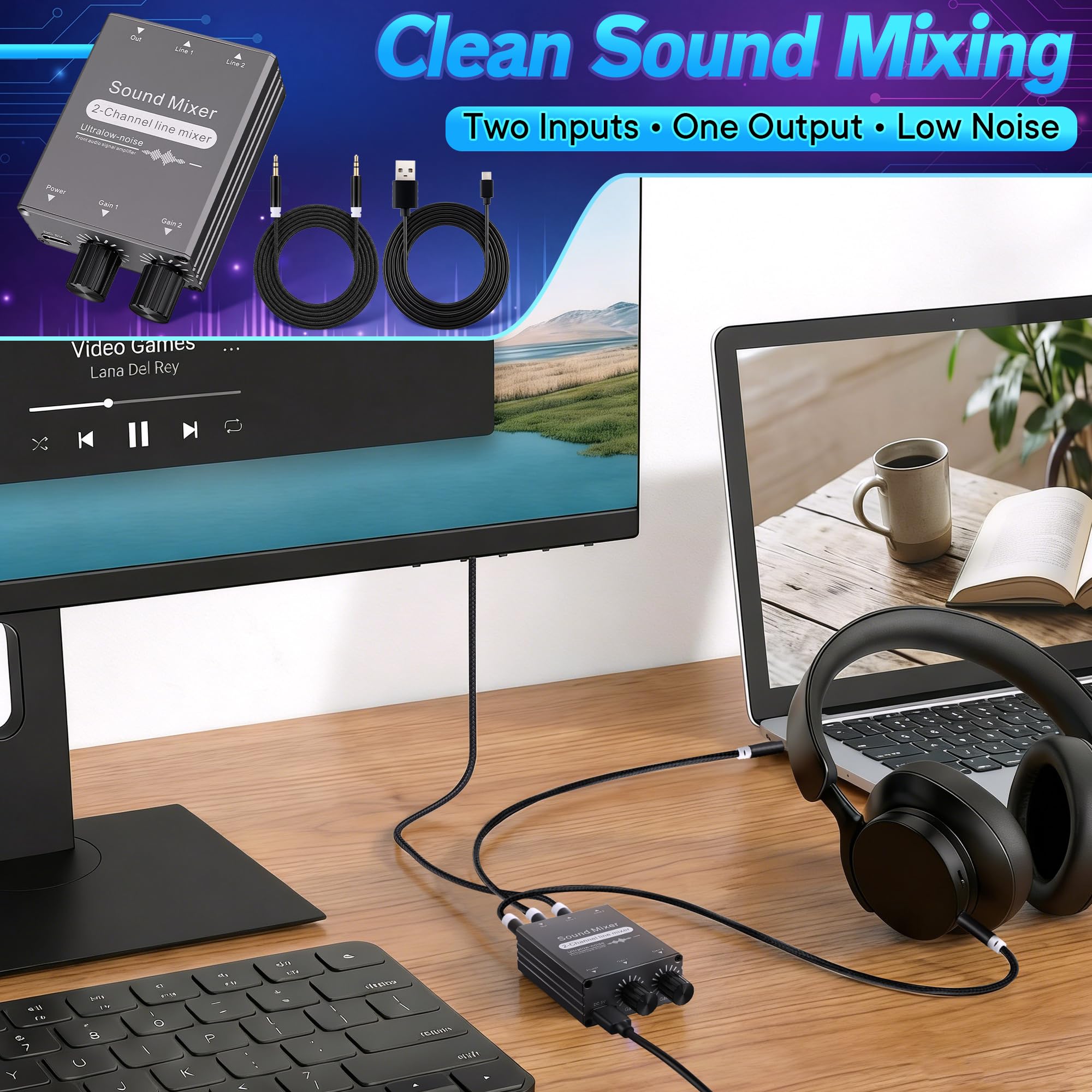 Hohean 2 Channel Stereo Audio Mixer, 3.5mm 2 In 1 Out, Dual Volume Control