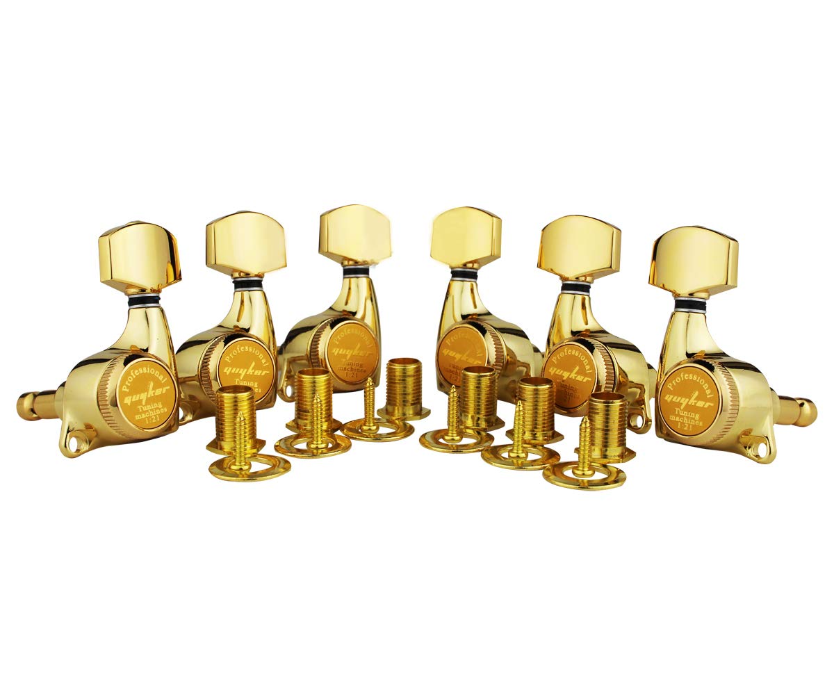 Guyker 6Pcs Guitar Locking Tuners (3L + 3R Handed) – 1:21 Ratio Lock String Tuning Key Pegs Machine Heads with Hexagonal Handle Replacement for LP SG Style Electric, Folk or Acoustic Guitars – Gold