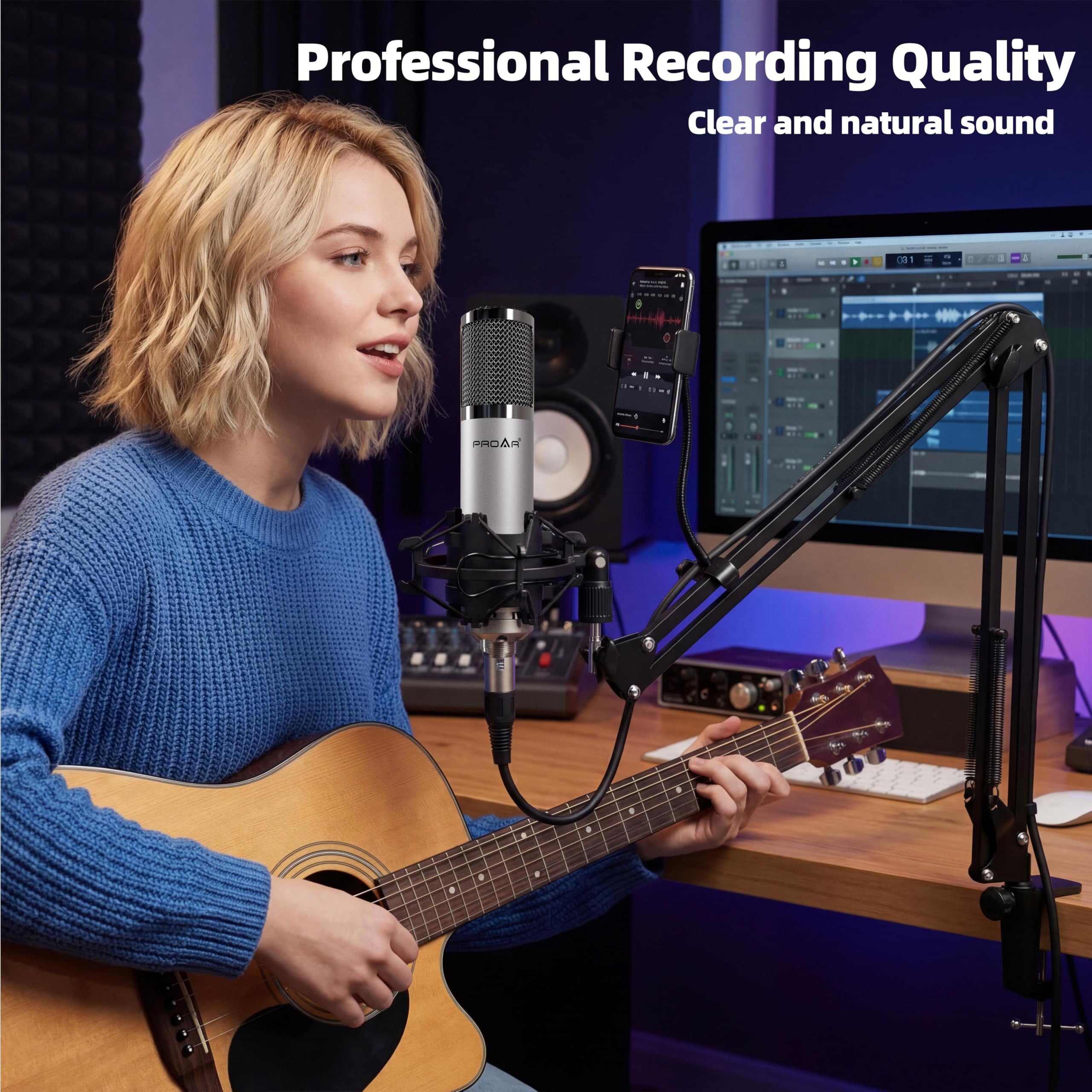 PROAR XLR Condenser Microphone Kit with Boom Arm, Pop Filter and XLR Cable