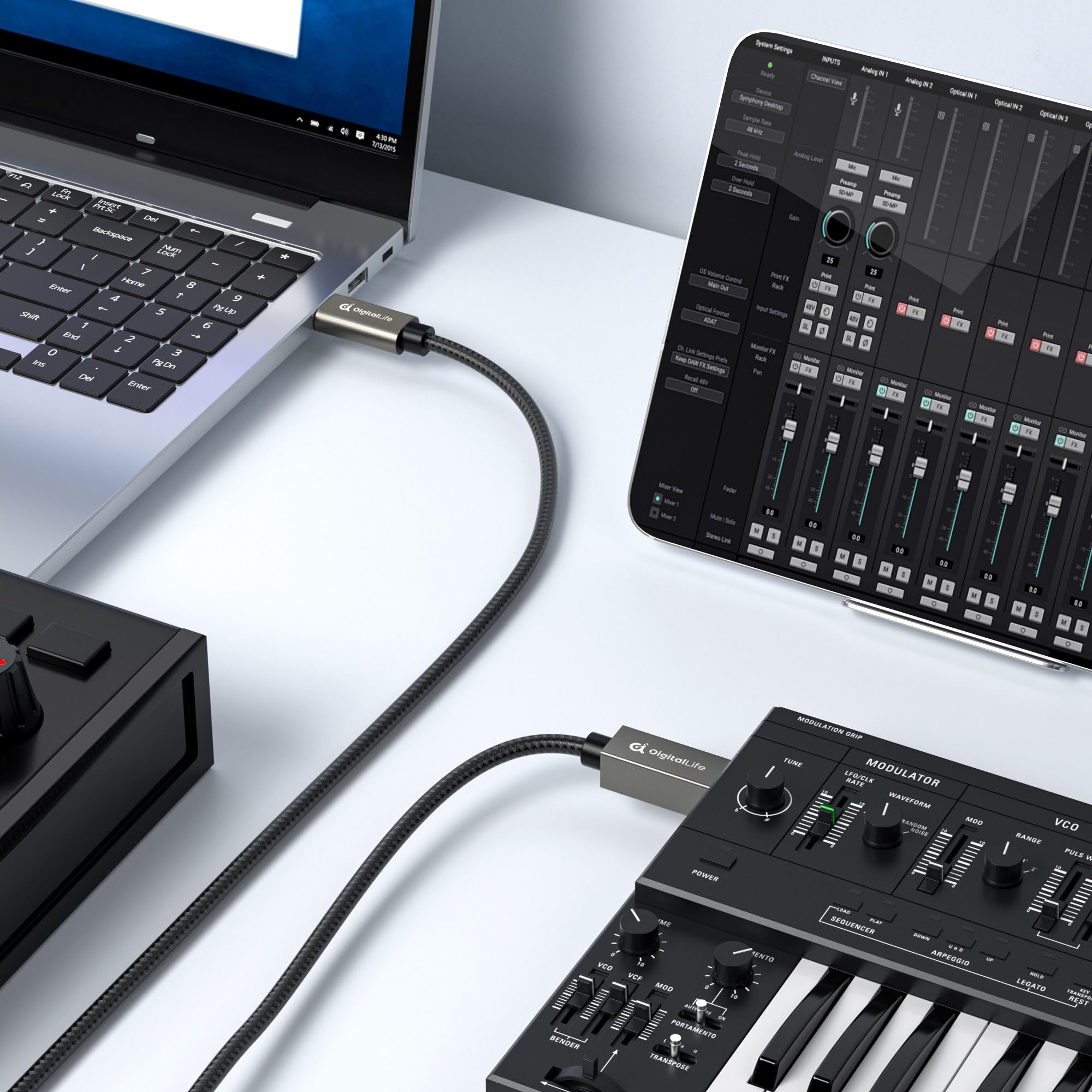 FlexMIDI Vortex USB C to USB B MIDI Cable 6.6ft with Metal Connector
