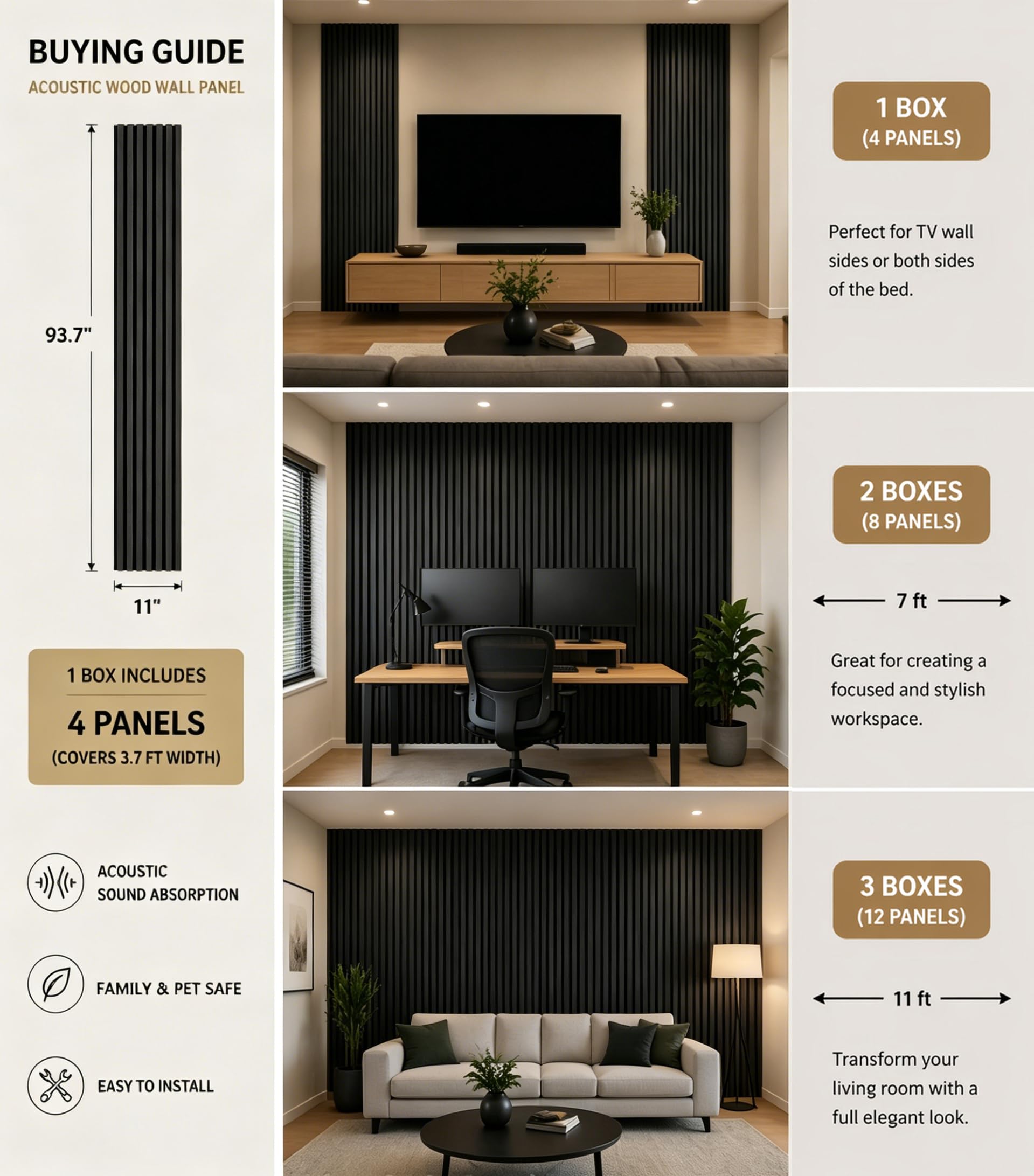 Wood Slat Wall Panels – 4 Pack 93.7″ × 11″ – Acoustic Panels Noise Reduction for Home Office Studio, 3D Fluted Sound Dampening Absorbing Panels, Matte Black