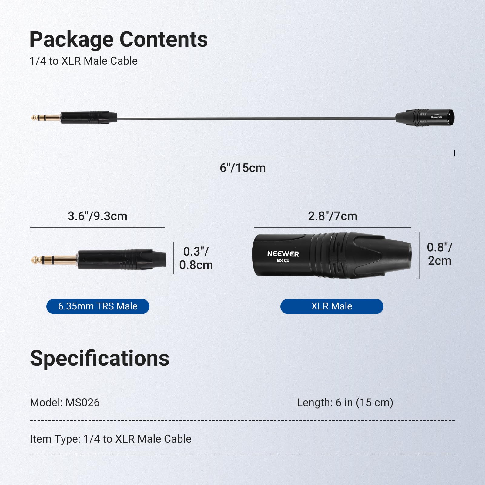NEEWER 6.35mm 1/4 Inch TRS to XLR Male Cable, 6″ Long Quarter to 3 Pin XLR Balanced Signal Interconnect Patch Cord Adapter Connector for Microphone Amplifier Mixer Powered Speaker Guitar Tuner, MS026