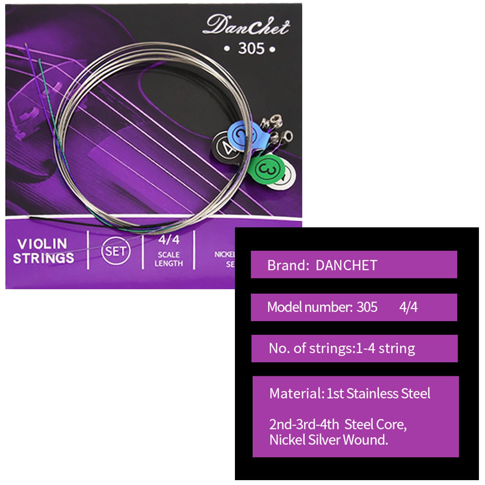 Danchet Violin Strings 4/4 Full Set Senior Level, Ball End, Nickel Silver Wound 305…