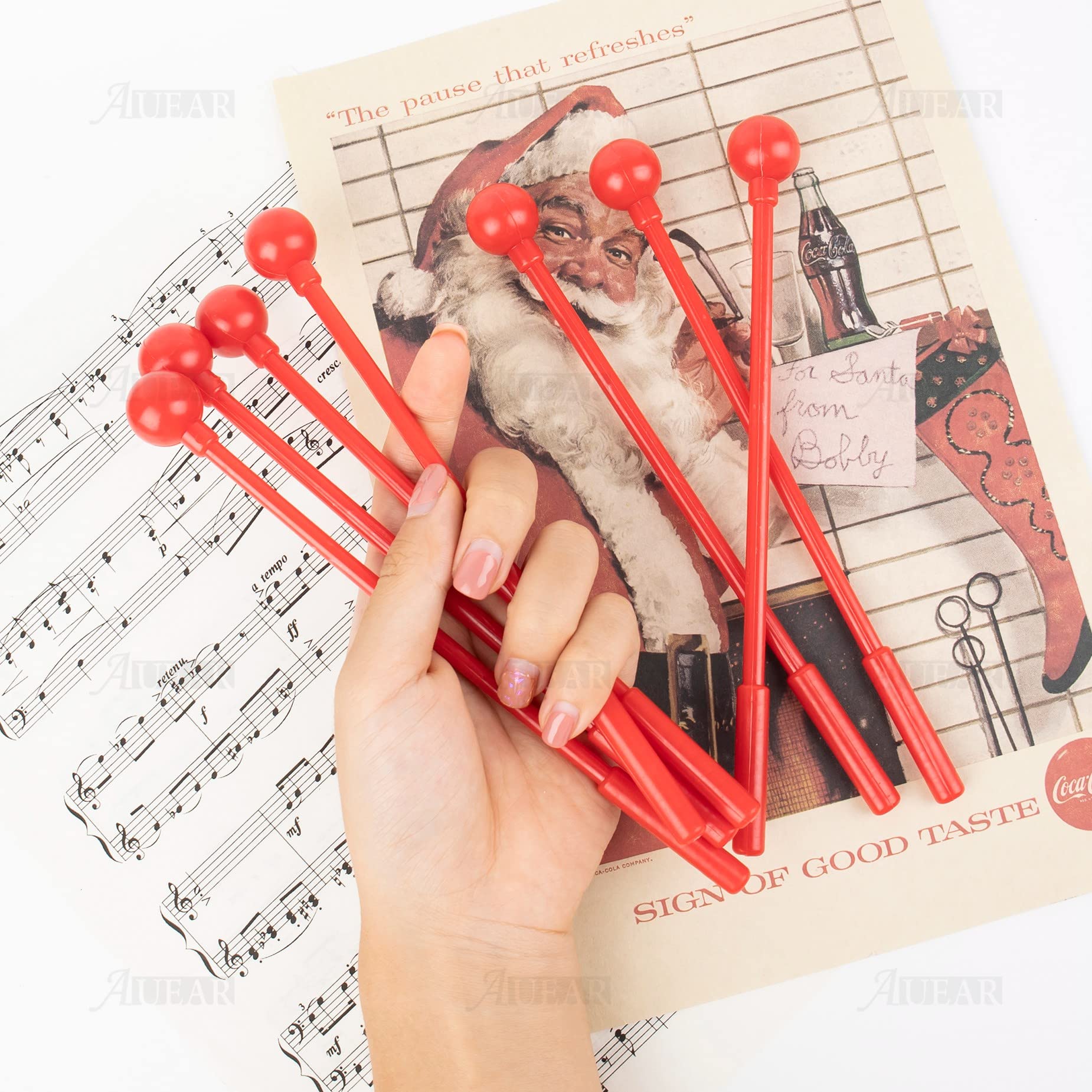 AUEAR, 10 Pack Plastic Bell Mallets Solid Drum Percussion Sticks Hammer for Chime Xylophone 7.87 Inch Long Red