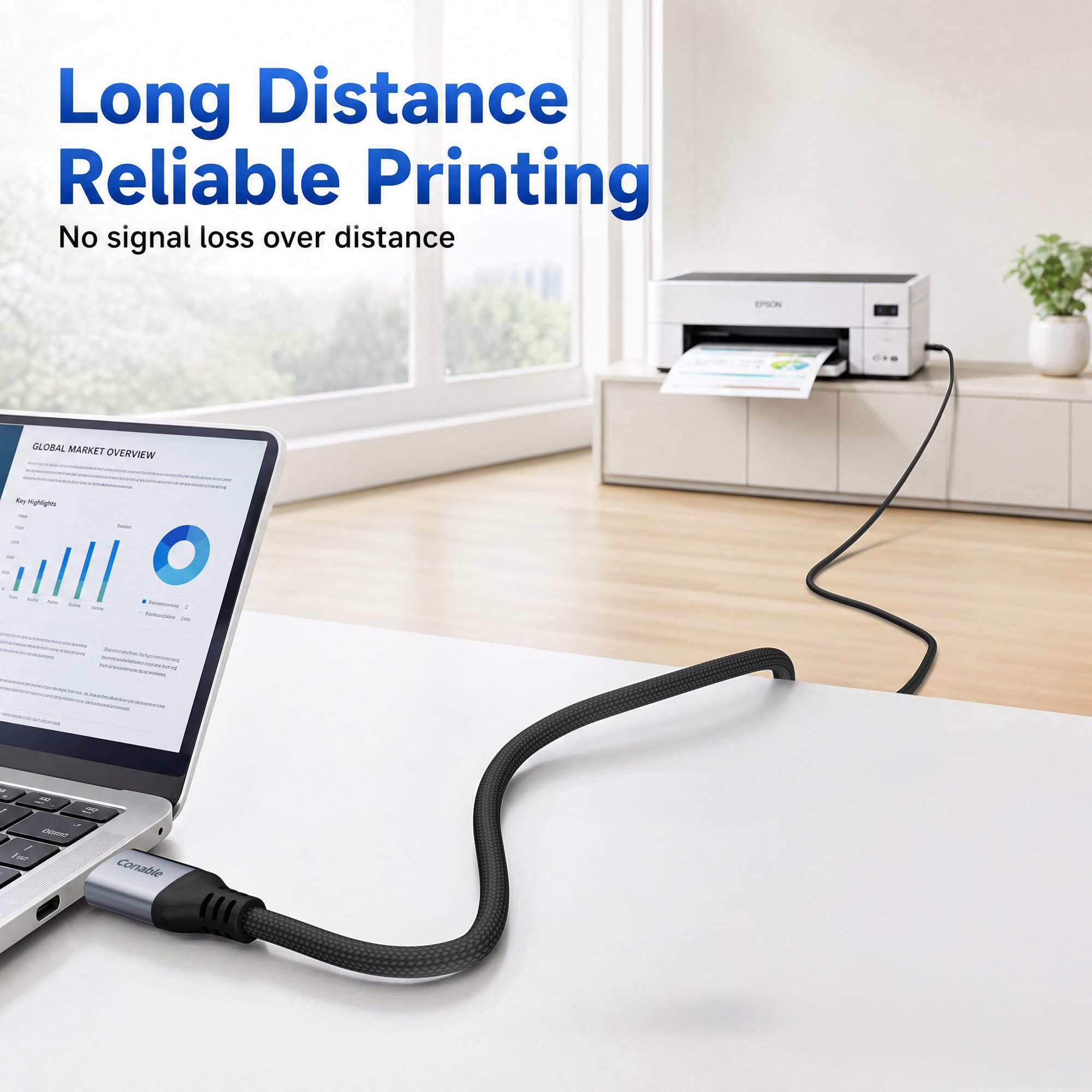 Conable USB B to USB C Cable 2FT, Braided USB C Printer Cord, USB C MIDI Cable for MacBook Pro/Air HP, Compatible with Yamaha Piano, DJ Controller, DAC, Keyboard, Printer, Scanner