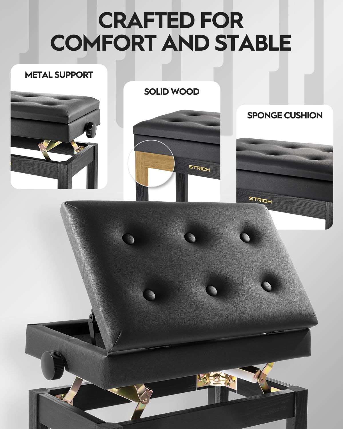 STRICH Adjustable Piano Bench with Storage, Wooden Keyboard Bench with Bookcase Stool Chair Seat with High-Density Sponges Cushion for Piano Shop Music School Studio, Black, SPB-20