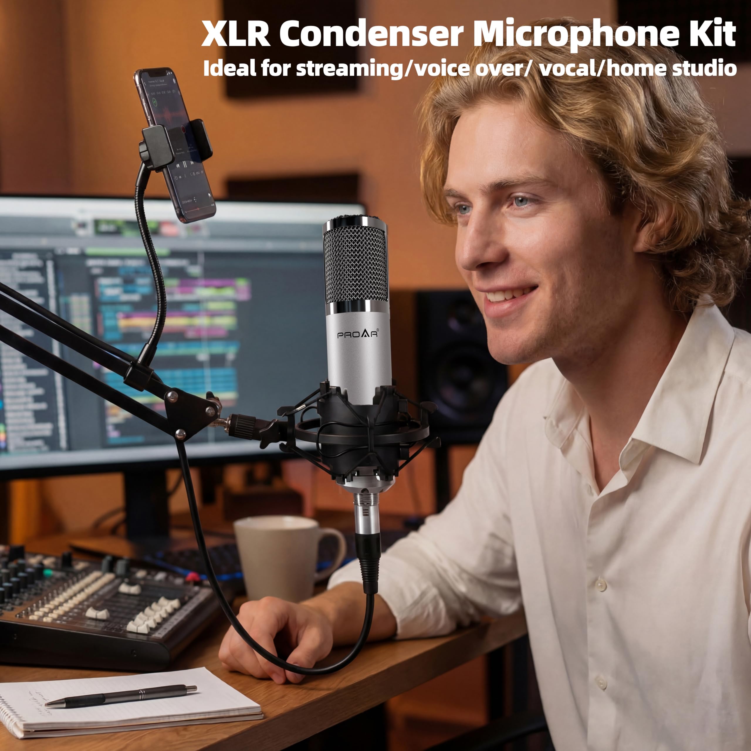PROAR XLR Condenser Microphone Kit with Boom Arm, Pop Filter and XLR Cable