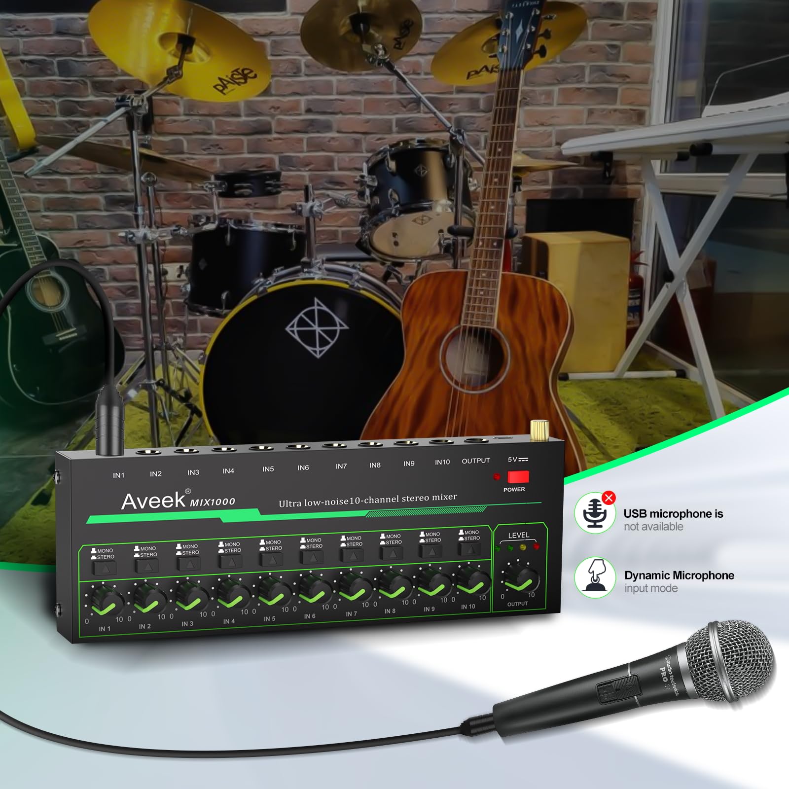 Aveek Mini Audio Mixer, Ultra-Low-Noise 10 Channel Stereo Line Mixer