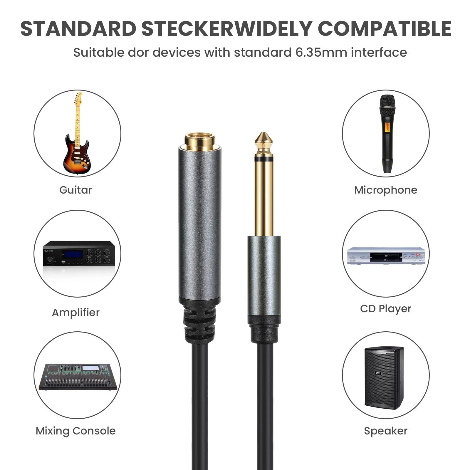 Halokny 6.35mm to 6.35mm Instrument Cable, Golden Plated 1/4 Inch Male to Female TS Mono Audio Jack for Electric Guitar, Bass, Amplifier, Speaker, Mixer 1FT/0.3M (Male to Female TS 1Ft)