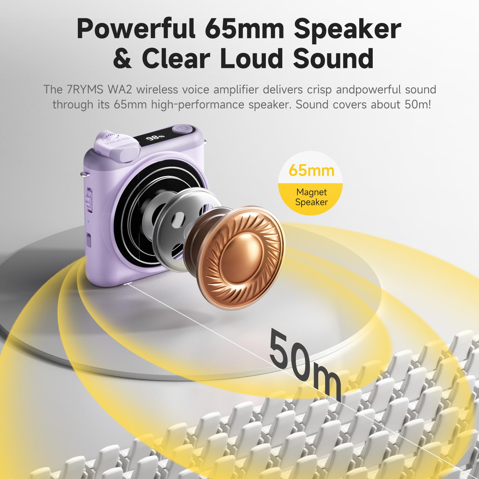 7RYMS WA2 Wireless Voice Amplifier for Teachers with Magnetic Lavalier Mic, Wireless Portable Amplifier with Noise Canceling, Mini Voice Amplifier for Classroom, Meeting, Training, Speech (Purple)