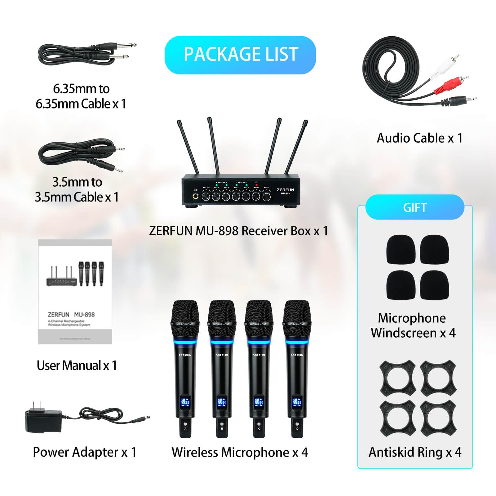 ZERFUN 4 Channel Rechargeable Wireless Microphone System(MU-898)