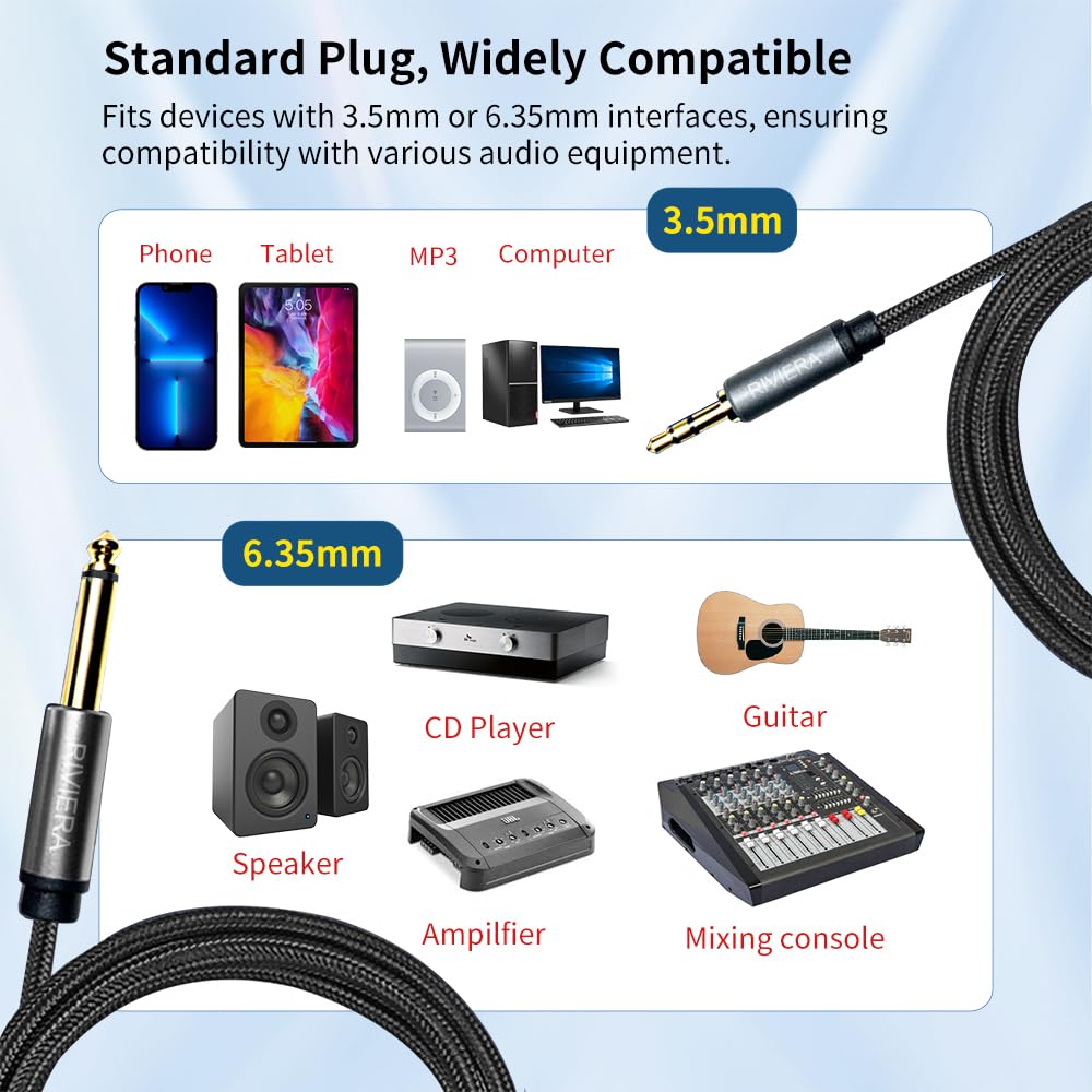 RIVIERA 6FT/1.8M Audio Cable 3.5mm 1/8″ TRS to 6.35mm 1/4″ TS Braided Sheild Pure Copper Wire and 24K Gold Plated Low Noise Cable with Braided Nylon Jacket for Digital Players & Musical Instruments