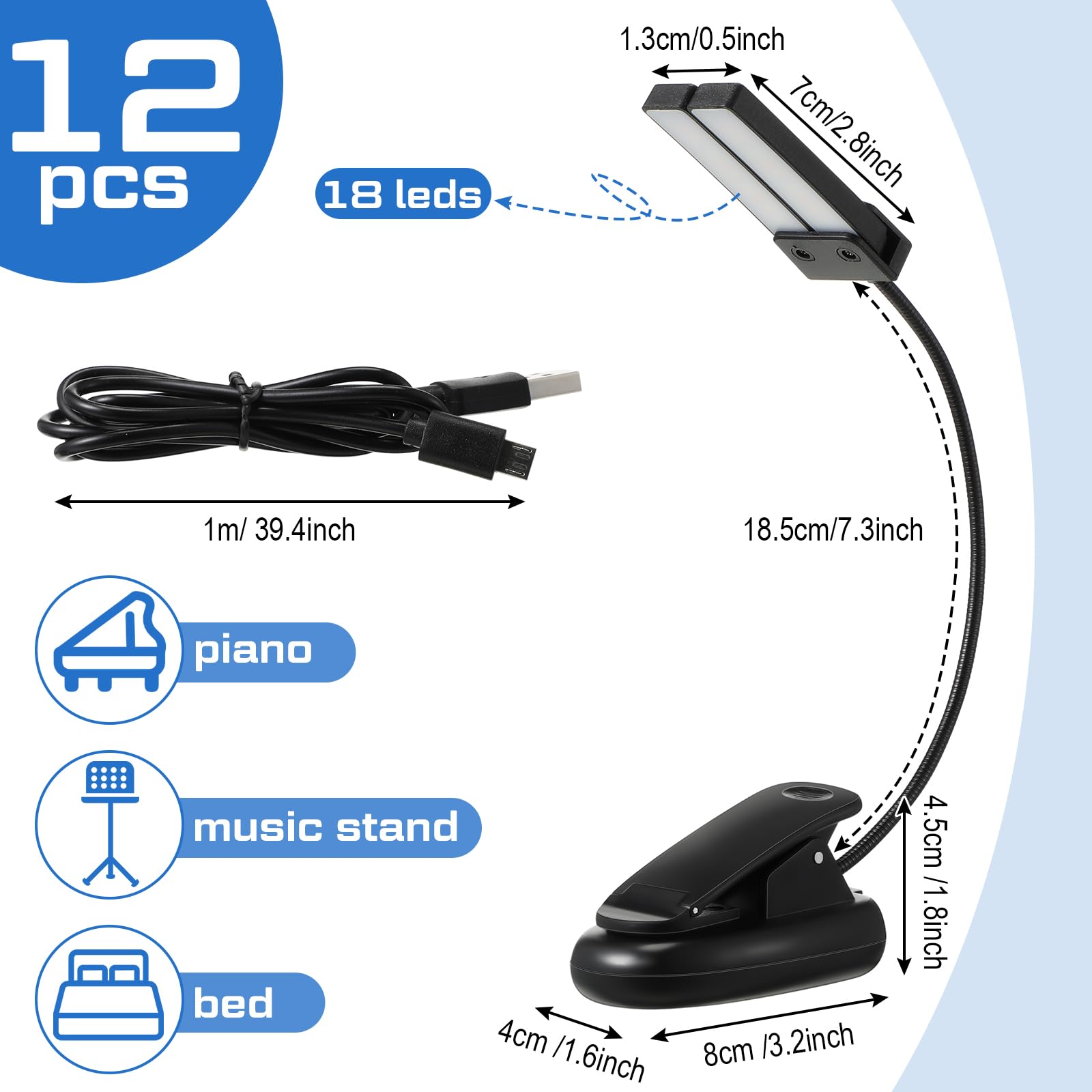 Retisee 12 Pcs Music Stand Lights Clip on Reading Lights,Double-lamp Style