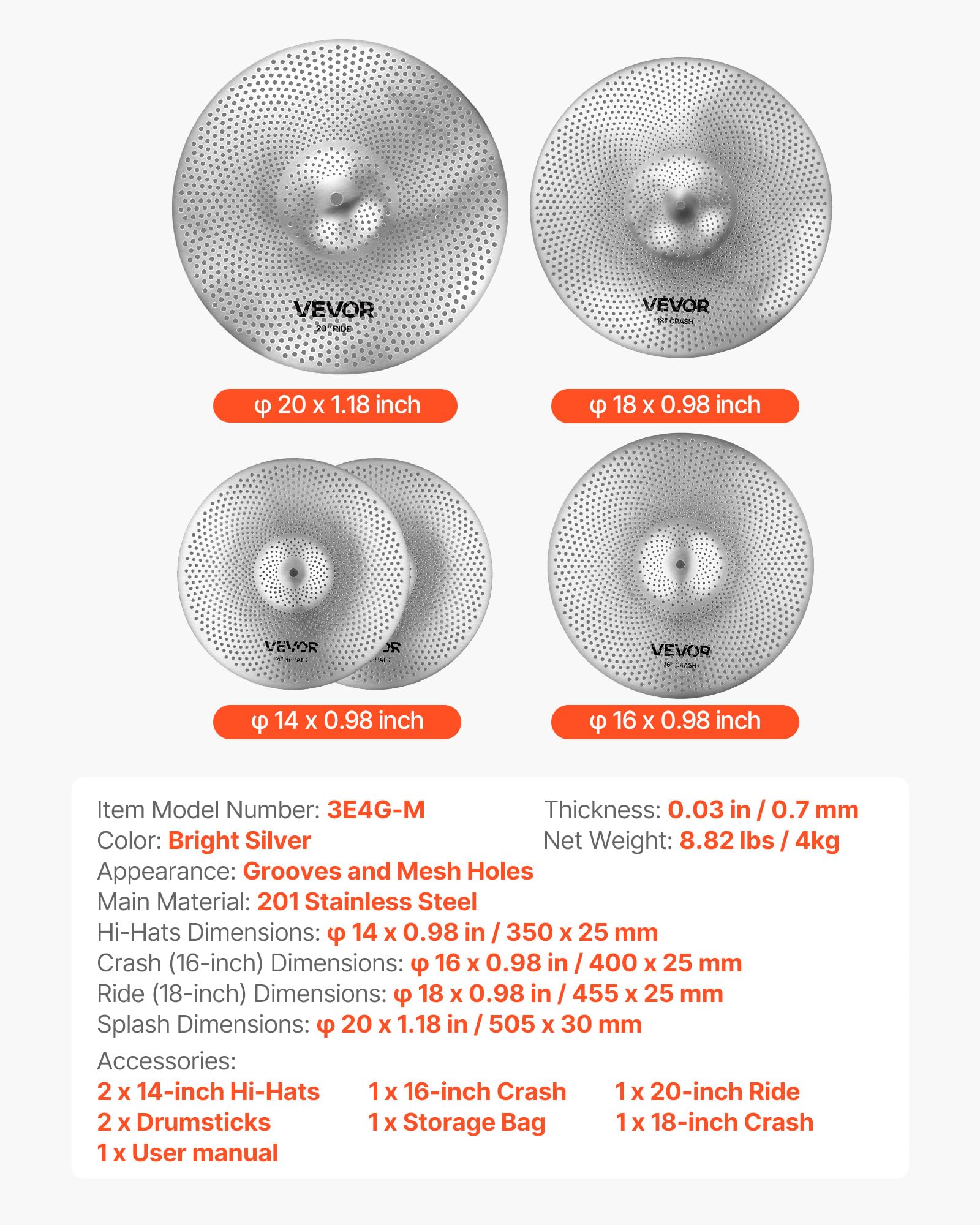 VEVOR Low Volume Cymbal Pack, 5Pcs Quiet Cymbals for Drum Set, 14” Hi-Hats, 16” Crash, 18” Crash, 20” Ride, Alloy Drum Cymbals Includes Free Drumsticks, Mute Pads & Bag, for Drummer Practice