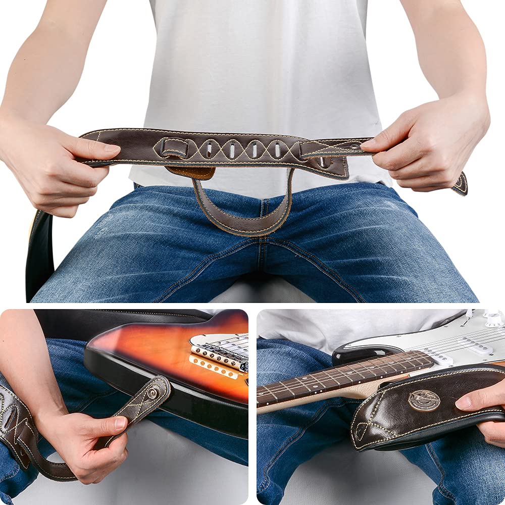 BestSounds Guitar Strap Leather 3 Inch Wide Full Grain Padded Soft Leather Strap for Acoustic, Electric and Bass Guitars