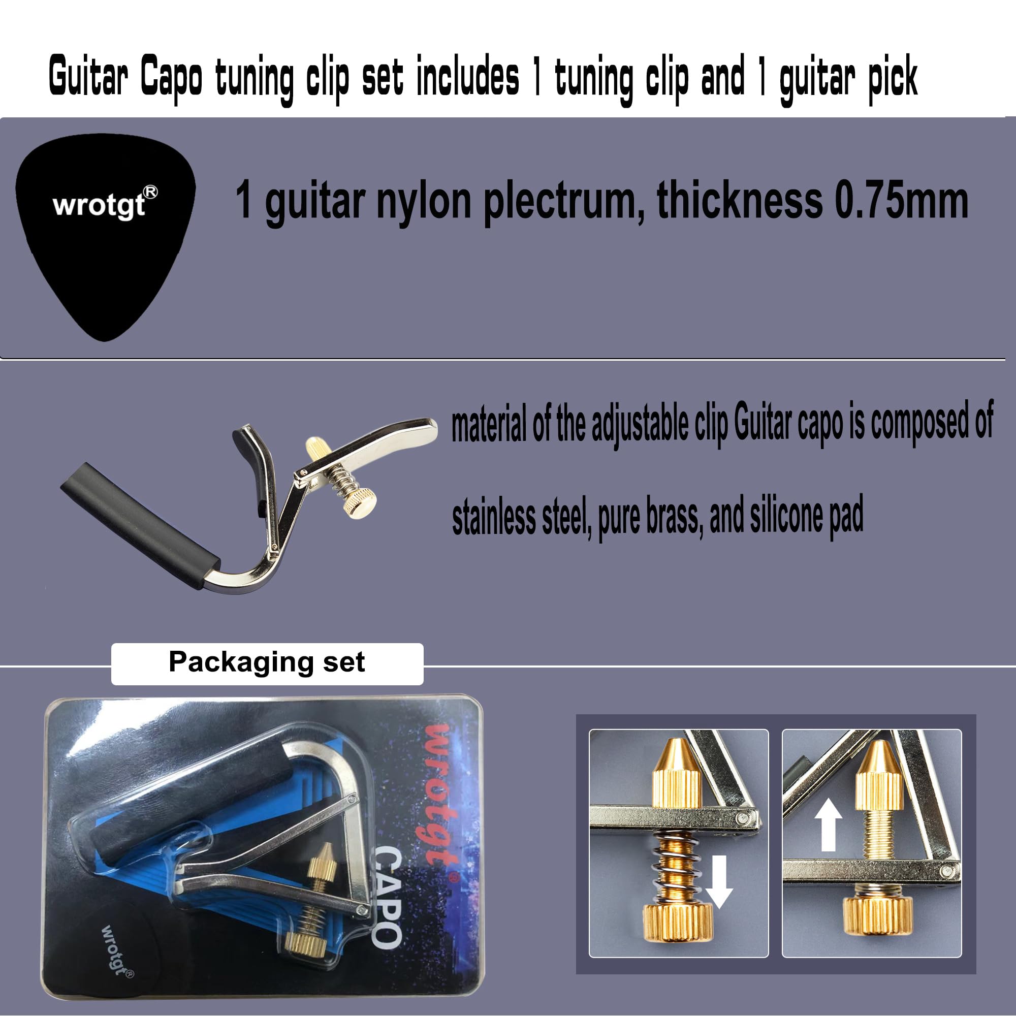 Wrotgt U-Shaped Guitar Capo 304 Stainless Steel | Professional Metal Screw Adjustable Clamp for Acoustic, Electric, Classical Guitars & Bass | Fits 4-12 String & Banjo (9-16″ Radius)