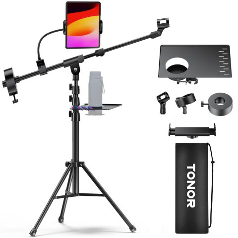 TONOR Microphone Stand with Tablet Holder, Tripod Boom Arm for Floor, Adjustable Height and Angle, Stand with Carrying Bag, Pad Clamp, Max 190 cm/74.8inch, High Compatibility, Cup Tray, T35+