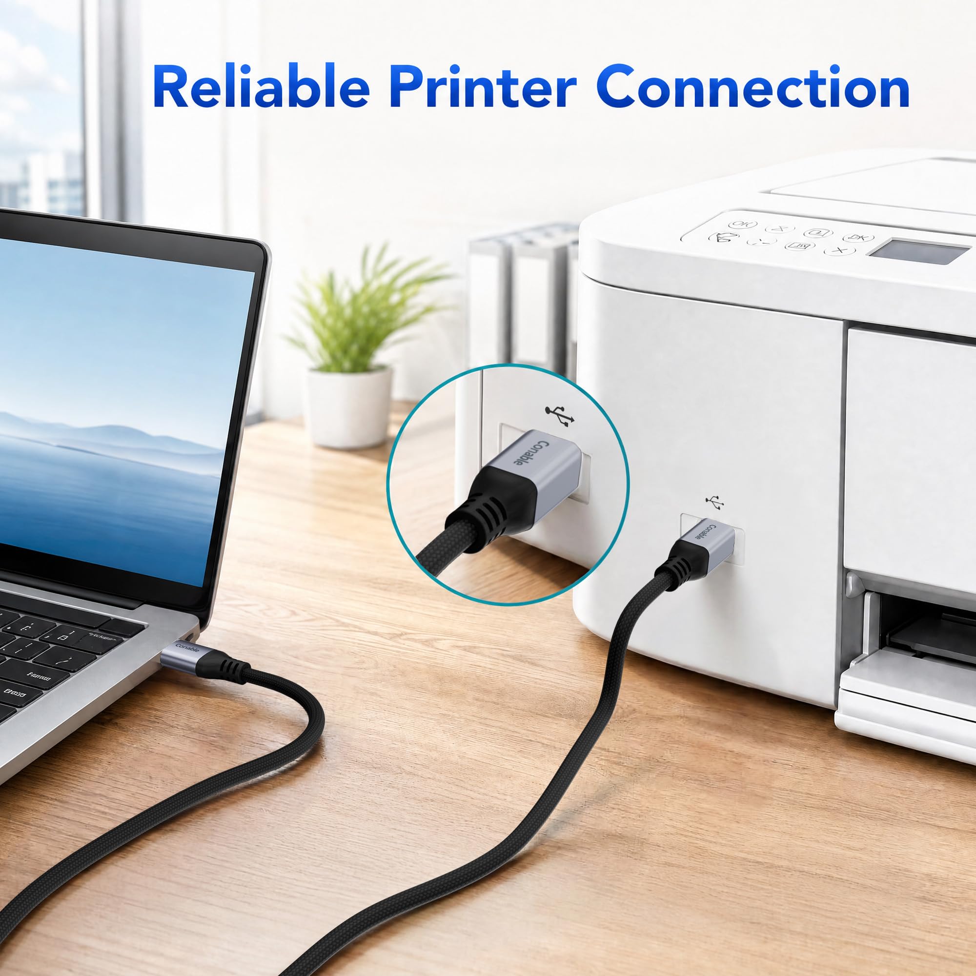 Conable USB B to USB C Cable 2FT, Braided USB C Printer Cord, USB C MIDI Cable for MacBook Pro/Air HP, Compatible with Yamaha Piano, DJ Controller, DAC, Keyboard, Printer, Scanner