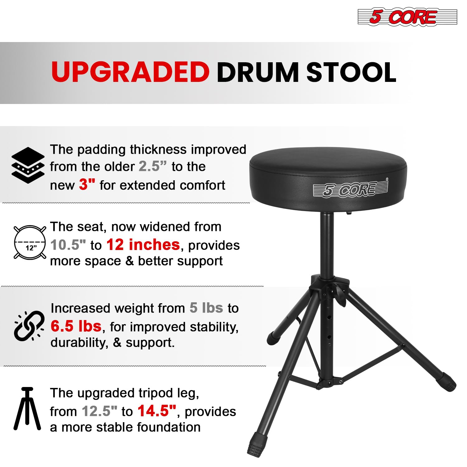 5 CORE Drum Throne Thick 3″ Padded Drum Seat Height Adjustable Drumming Stools with Anti-Slip Feet Drummers Chair for Practice and Performance Black – DS 01 BLK