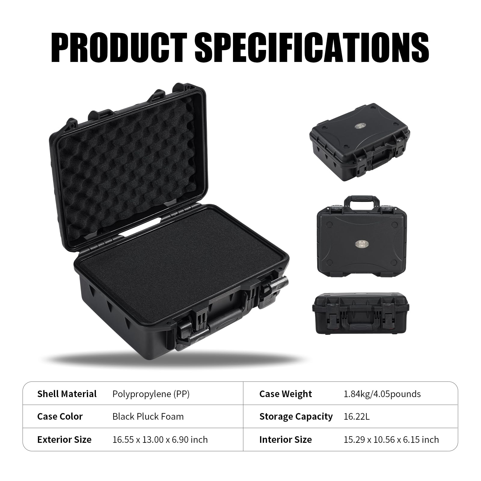 Waterproof Hard Case with Foam 16.5 x 13 x 6.9 Inch, IP67 Hard Storage Case with Customizable Foam Insert, Protective Storage Case for Microphone, Camera, Electronics, Drone, Tools & Equipment