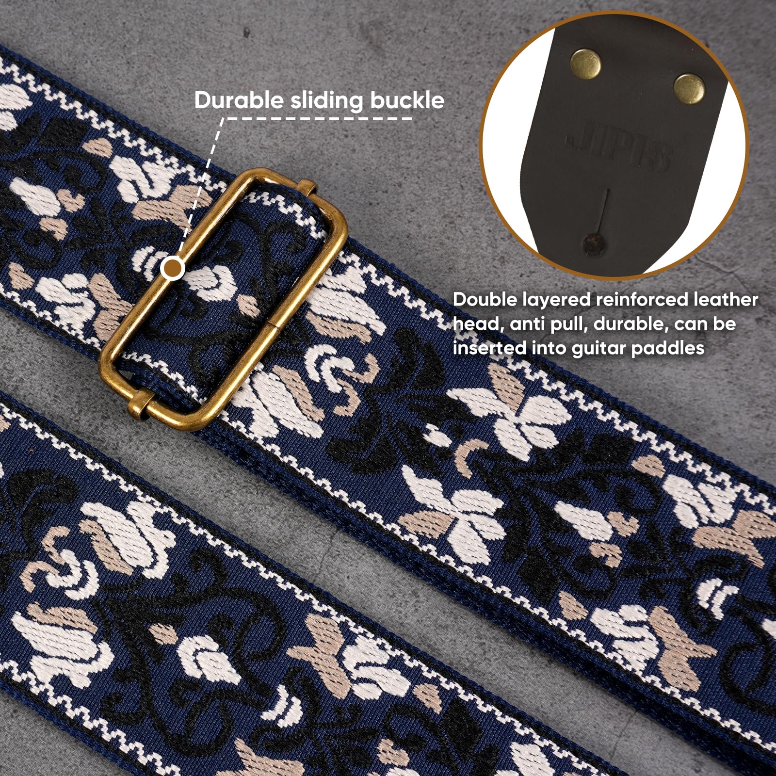 Guitar Strap,Jacquard Cotton Guitar Straps with Real Leather Ends for Acoustic,Electric Guitars and Bass,with Free 1 Head strap, 2 Anti Slip Buckle and 3 Guitar Picks(GS-75-3 Deep Blue Jacquard)