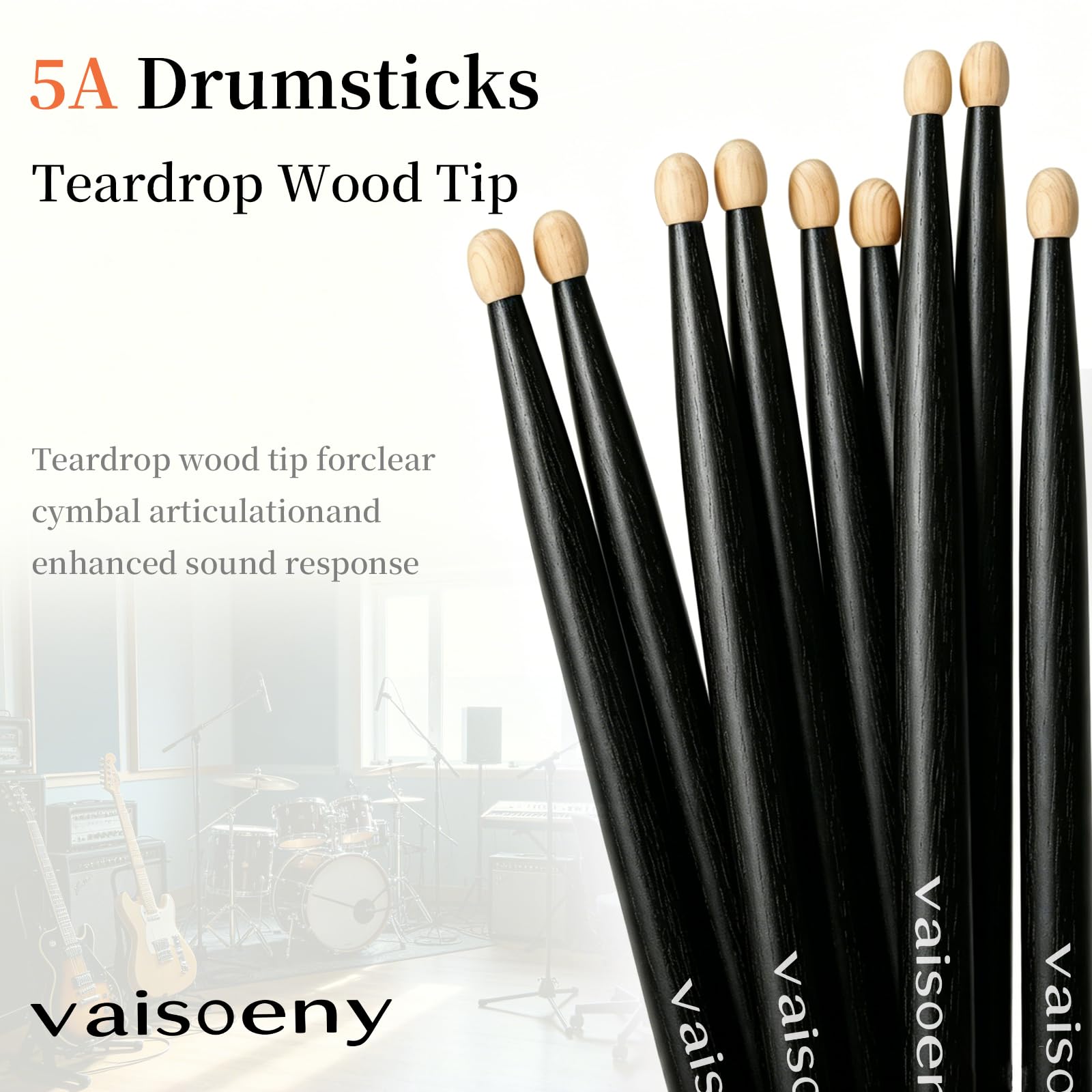 VAISOENY 5A Drumsticks, 6 Pairs Lacquered Maple Wood Drum Sticks (Black)
