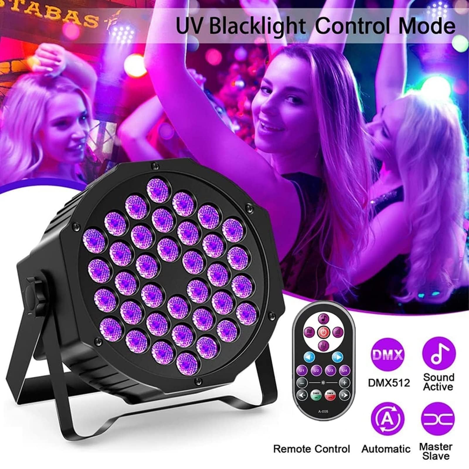 U`King Black Lights UV 36 LED Blacklight Glow in The Dark Black Light DMX Sound Activated Portable Stage Lights for Parties Birthday Wedding DJ Stage (8 Packs)