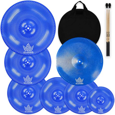 ULUOBO Low Volume Cymbal Pack 7 Pieces, Silent Cymbals, Quiet Cymbals Set for Drummer Practice, 10”Splash+14”Hihat+16″Crash+18”Crash+18”China+20″Ride, Blue