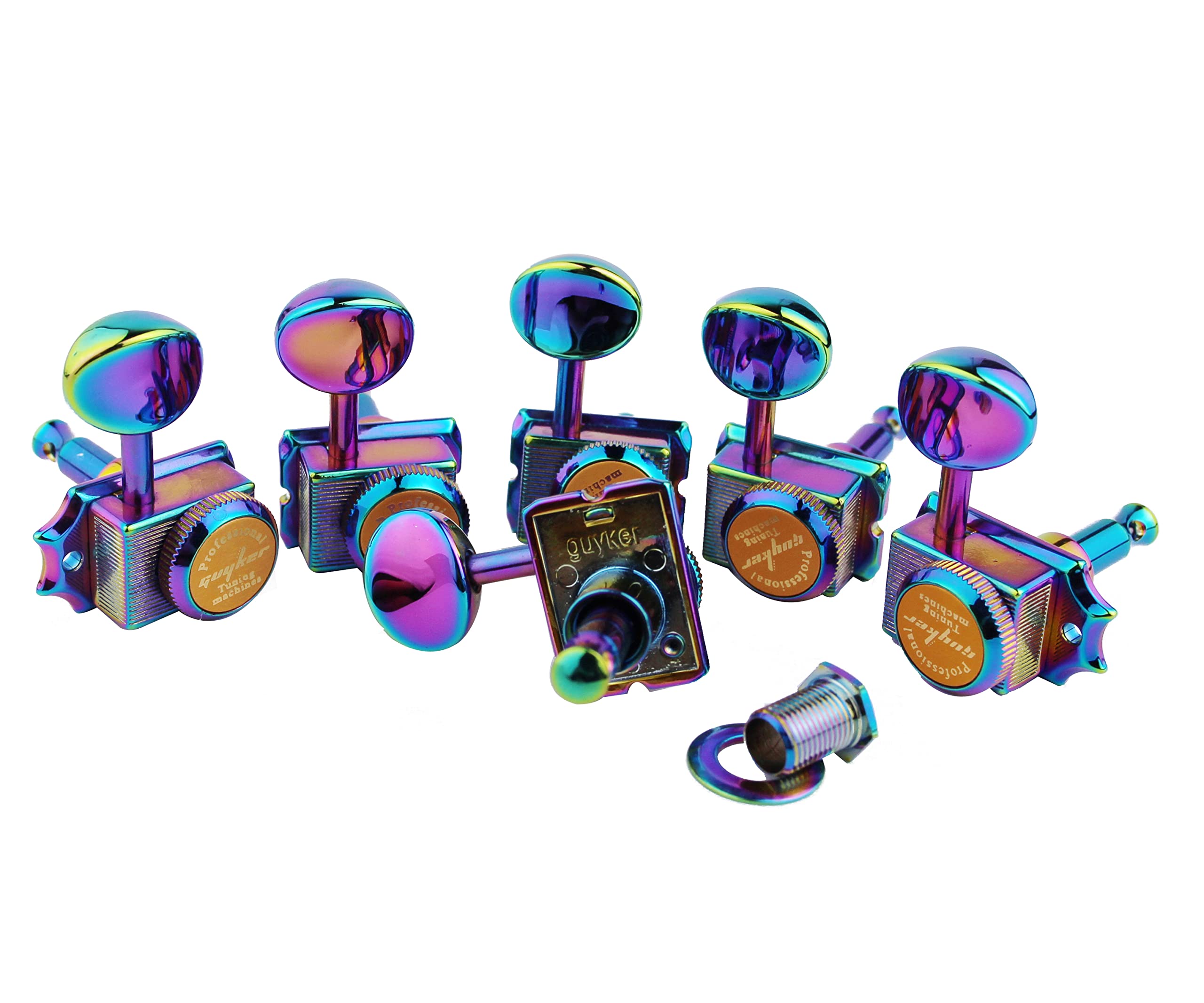 Guyker 6-in-line Vintage Guitar Lock String Tuners – Locking Tuning Key Pegs Machine Heads Replacement Parts for ST TL Style Electric Guitars Gear Ratio 1:15 – Chameleon Rainbow