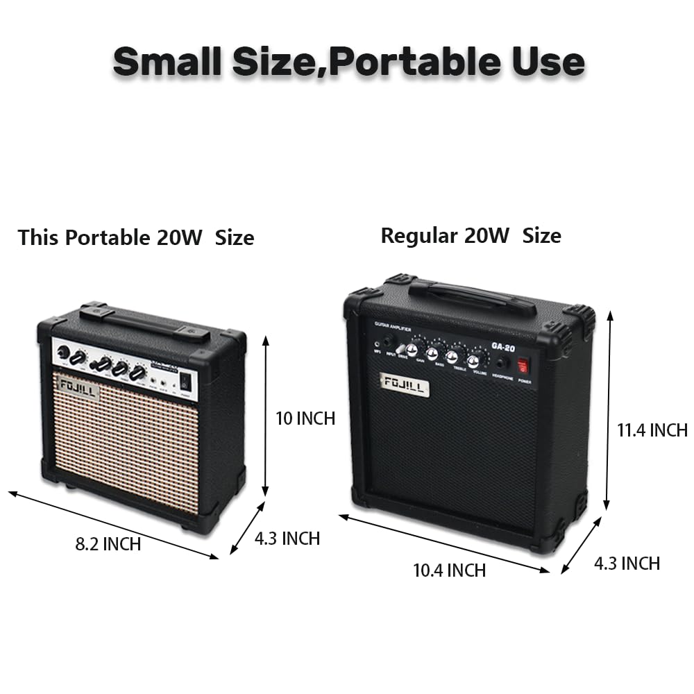 Fojill 20W Watt Electric Guitar Amplifier Amp Practice Small Portable Travel Mini Amp with 3.5 Headphone Jack Aux Distortion Gain Treble Bass Volume (Black, 20W)