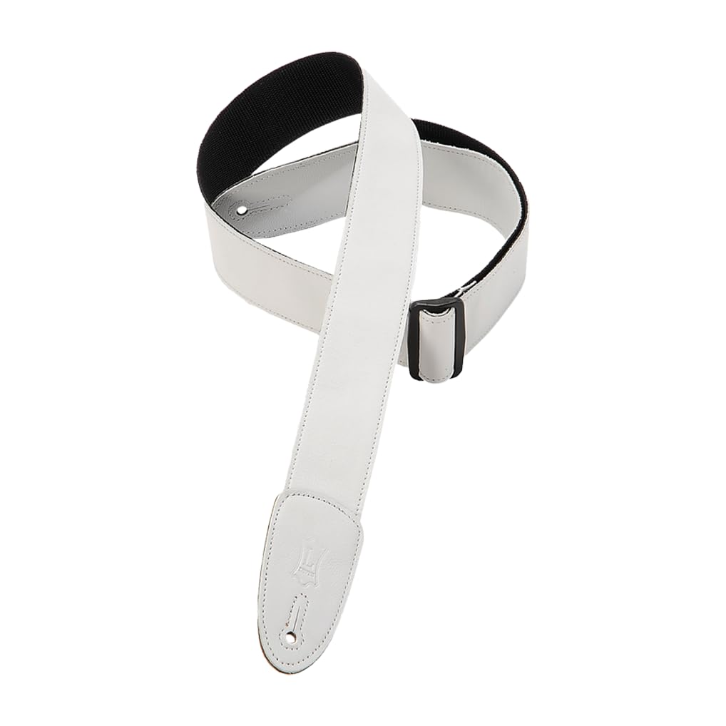 Levy’s Leathers 2″ Wide Black Garment Leather Guitar Strap with Polypropolene Backing and Tri-Glide Adjustment, White (M7GP-WHT)