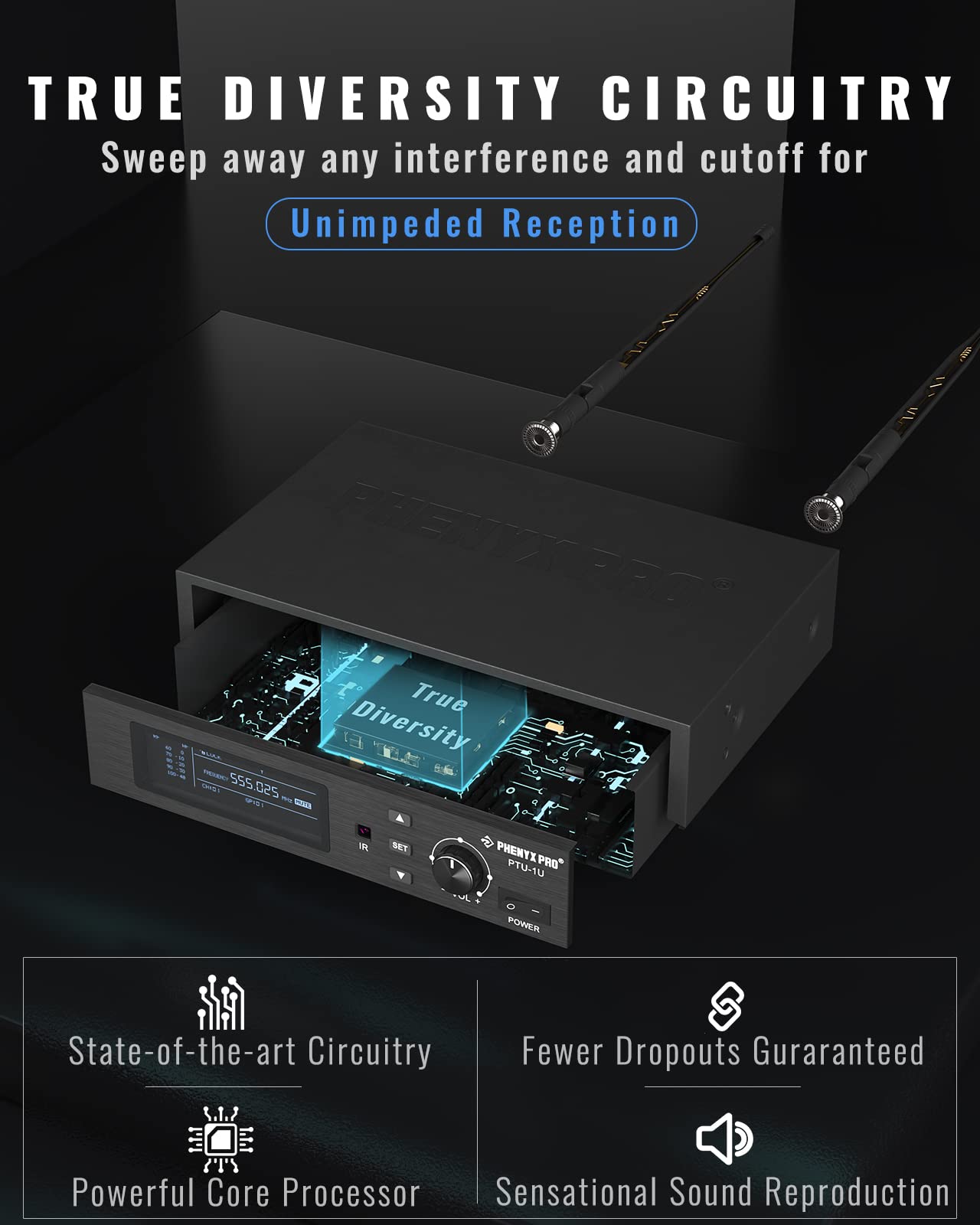 Phenyx Pro Single UHF True Diversity Auto Scan Wireless Mic System PTU-1U
