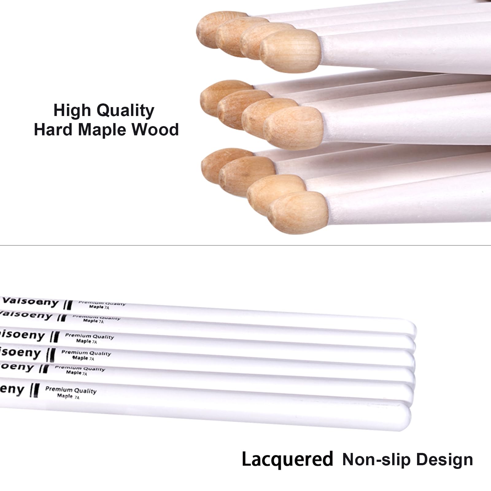 VAISOENY 5A Drumsticks, 6 Pairs Lacquered Maple Wood Drum Sticks (White)