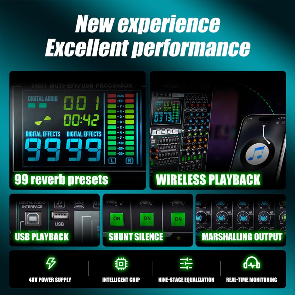 Yamnweo GF8PRO Multifunction 8 Channel Audio Mixer, LCD Color Screen, Supports Multi-Effect Audio Processing, Built-in 7 Band Equalizer and 99 Reverb DJ Mixer for Performance and Studio (GF8 FBM)