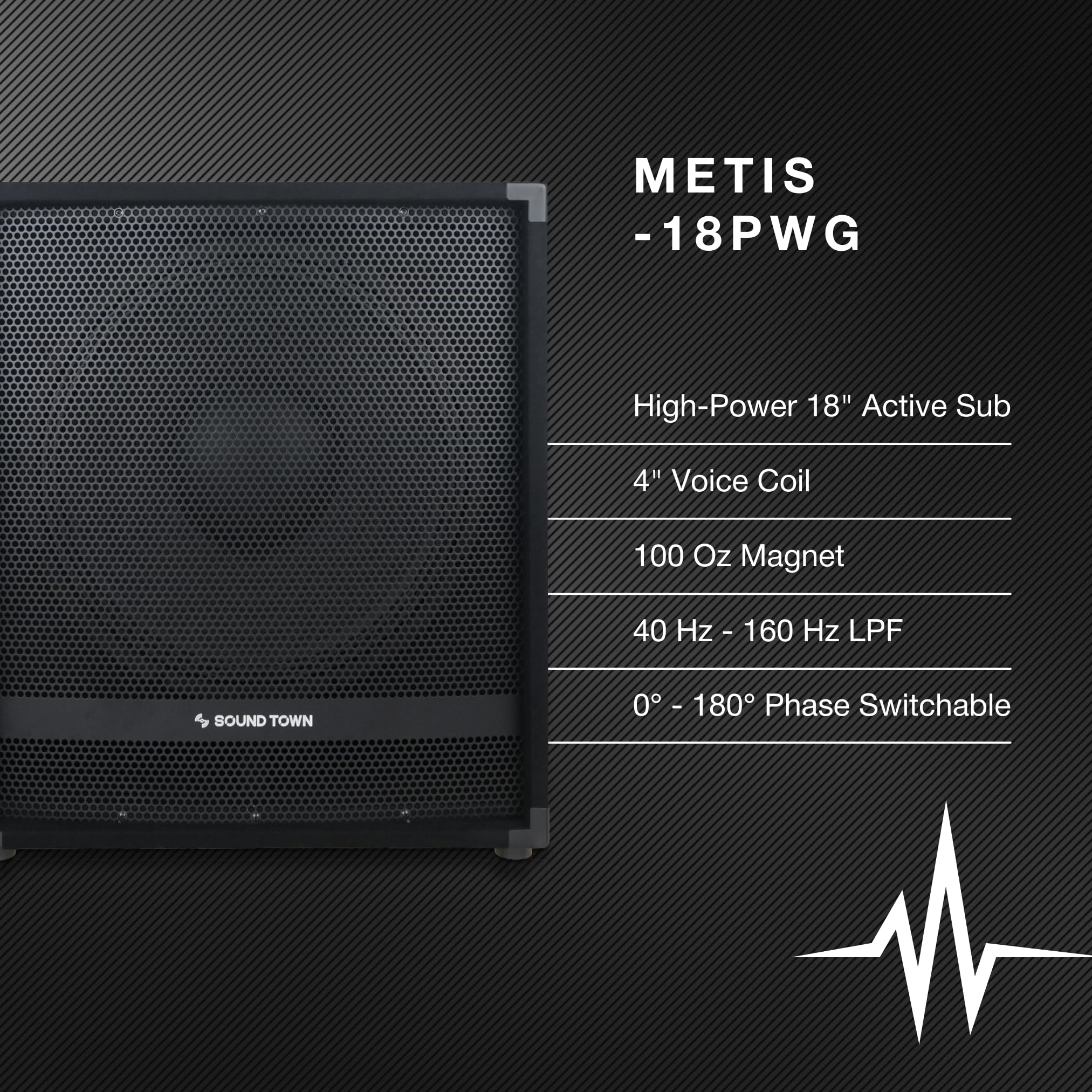 Sound Town METIS Series Powered Subwoofer 2400 Watts 18″, with Class-D Amplifier, 4-inch Voice Coil, High-Pass Filter (METIS-18PWG)