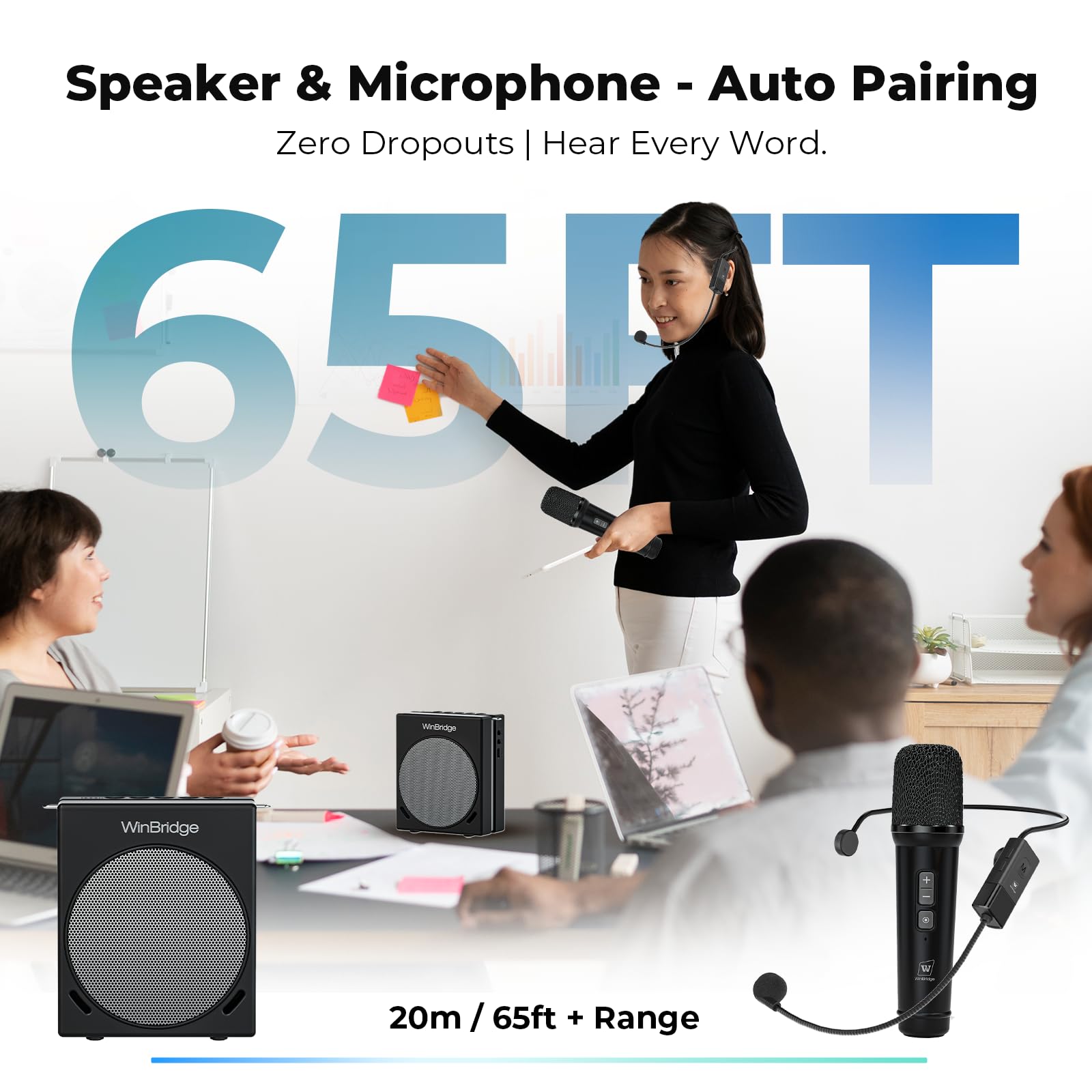 WinBridge Portable PA System 30W Voice Amplifier with Dual Wireless Mics