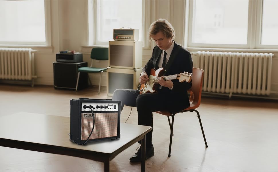 Fojill 20W Watt Electric Guitar Amplifier Amp Practice Small Portable Travel Mini Amp with 3.5 Headphone Jack Aux Distortion Gain Treble Bass Volume (Black, 20W)