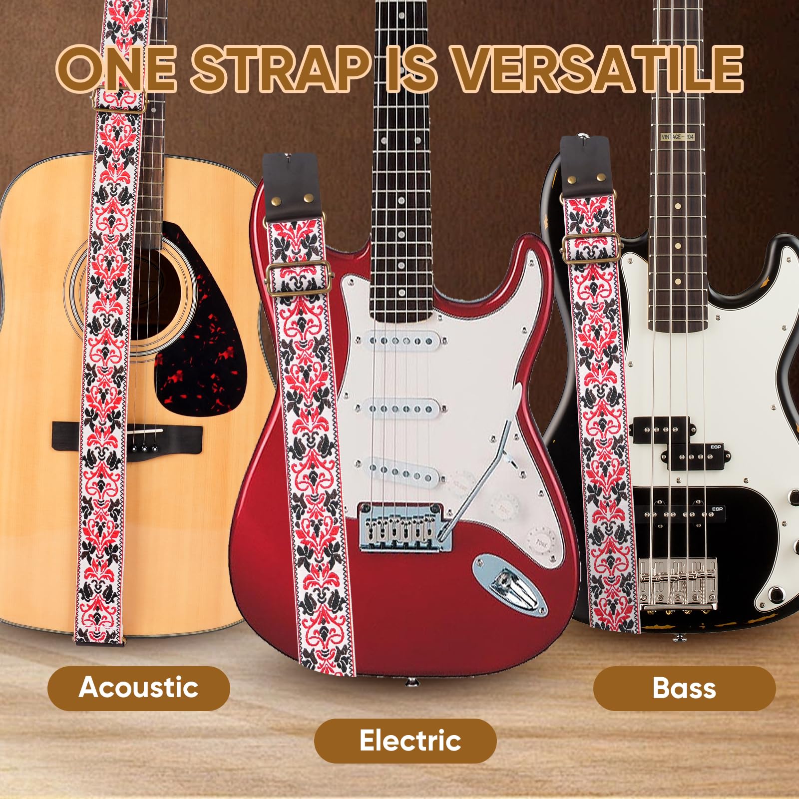 Guitar Strap,Jacquard Cotton Guitar Straps with Real Leather Ends for Acoustic,Electric Guitars and Bass,with Free 1 Head strap, 2 Anti Slip Buckle and 3 Guitar Picks (GS-75-5 Meter red jacquard)