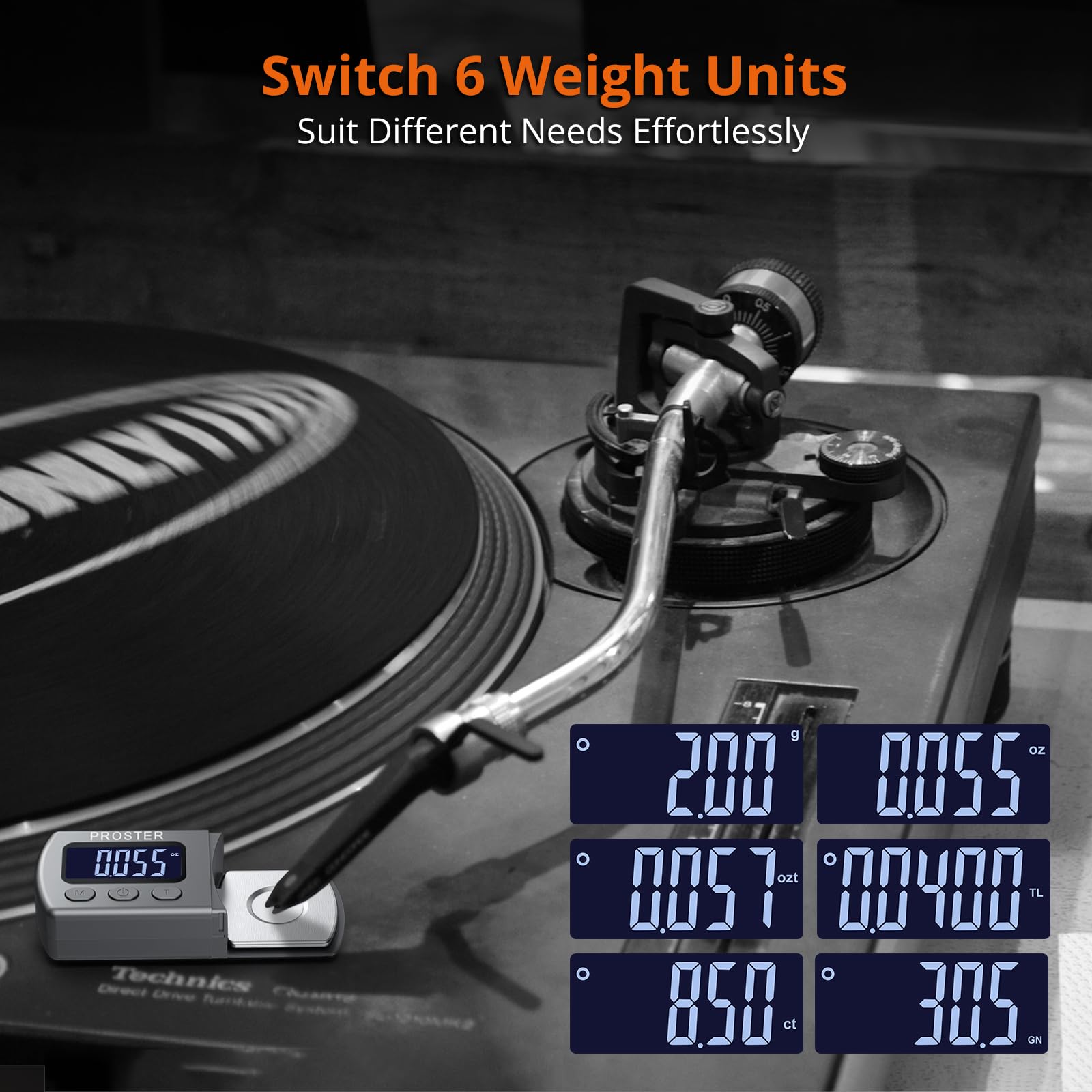 Proster Digital Turntable Stylus Weight Gauge Tracking Force Gauge 0.01g/5g Nonmagnetic Cartridge Scales with LCD Backlight and 5g Calibration 4 Spare Batteries for MM/MC/MI Phono Cartridges