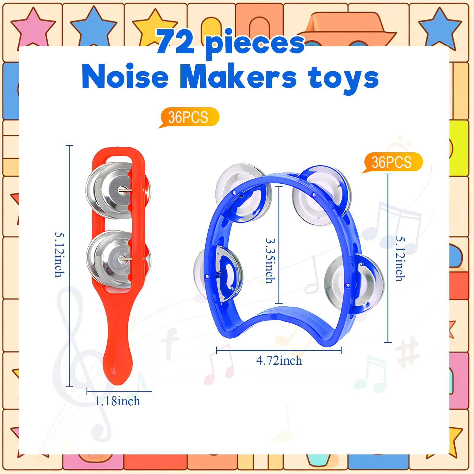 Lukmaa 72 Pcs Mini Tambourines Hand Bells Bulk, 36 Colorful Plastic Tambourines 36 Cymbals Noise Maker for Music Class, Sunday School, Early Learning, Party, Preschool, Gift, Fun Instrument(Round)