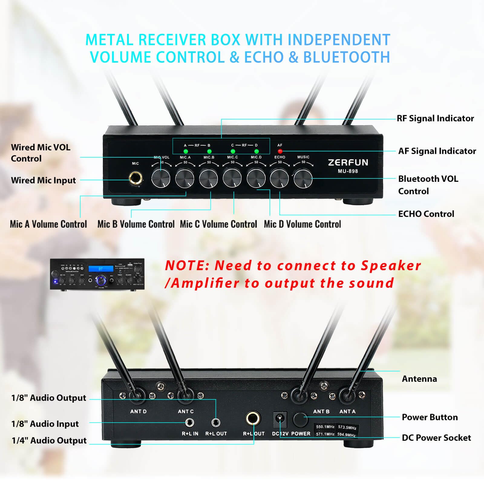 ZERFUN 4 Channel Rechargeable Wireless Microphone System(MU-898)