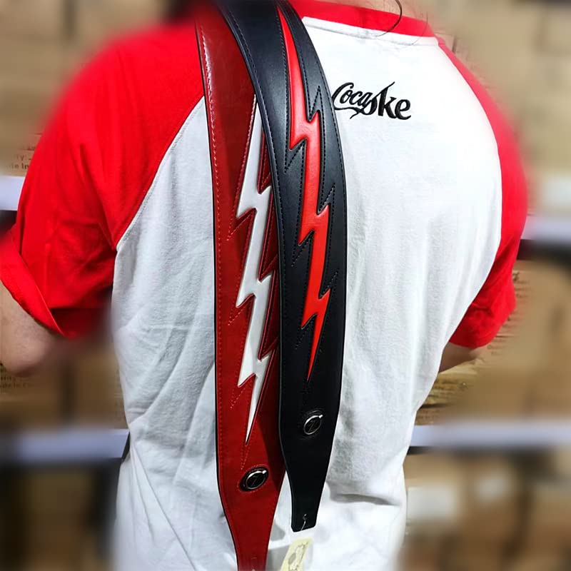 adiya Guitar Strap with Lightning Bolt for Electric Guitars/Bass, Leather Adjustable Length,Black/White/Red Available (Red body white lightning)